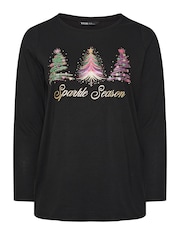Yours Curve Black Long Sleeve Novelty Sparkle Trees T-Shirt - Image 5 of 5