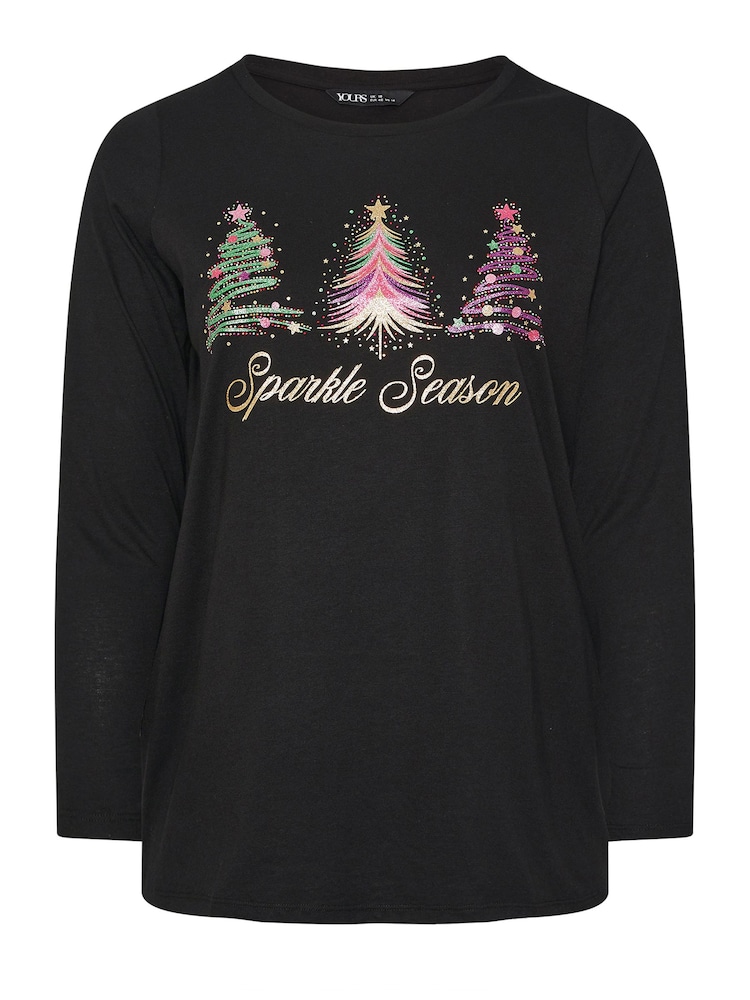 Yours Curve Black Long Sleeve Novelty Sparkle Trees T-Shirt - Image 5 of 5