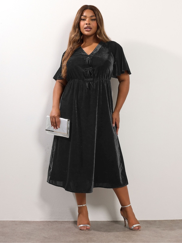 Yours Curve Black Party Velvet Maxi Bow Dress - Image 1 of 5