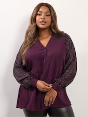 Yours Curve Purple Party Studded Sequin Notchneck Blouse - Image 1 of 5