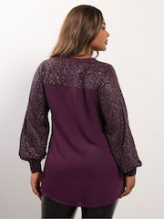 Yours Curve Purple Party Studded Sequin Notchneck Blouse - Image 2 of 5