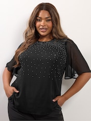 Yours Curve Black Party Diamante Trickle Blouse - Image 1 of 5