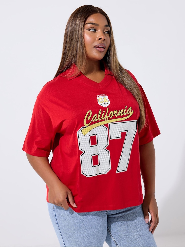 Yours Curve Red Limited Rugby Collar  Varsity T-Shirt - Image 1 of 5