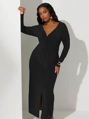 Yours Curve Black London Long Sleeve Knot Maxi Dress - Image 1 of 5