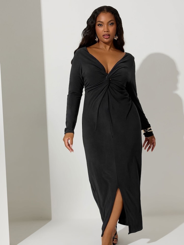 Yours Curve Black London Long Sleeve Knot Maxi Dress - Image 2 of 5