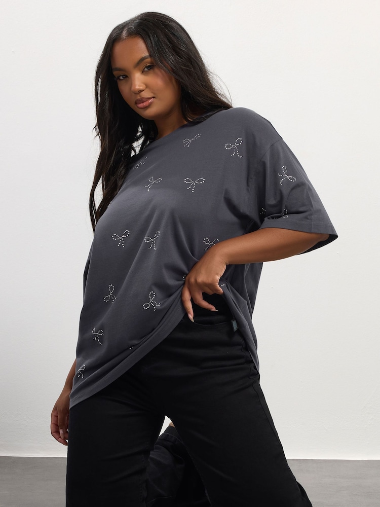 Yours Curve Grey Oversized Studded T-Shirt - Image 1 of 5