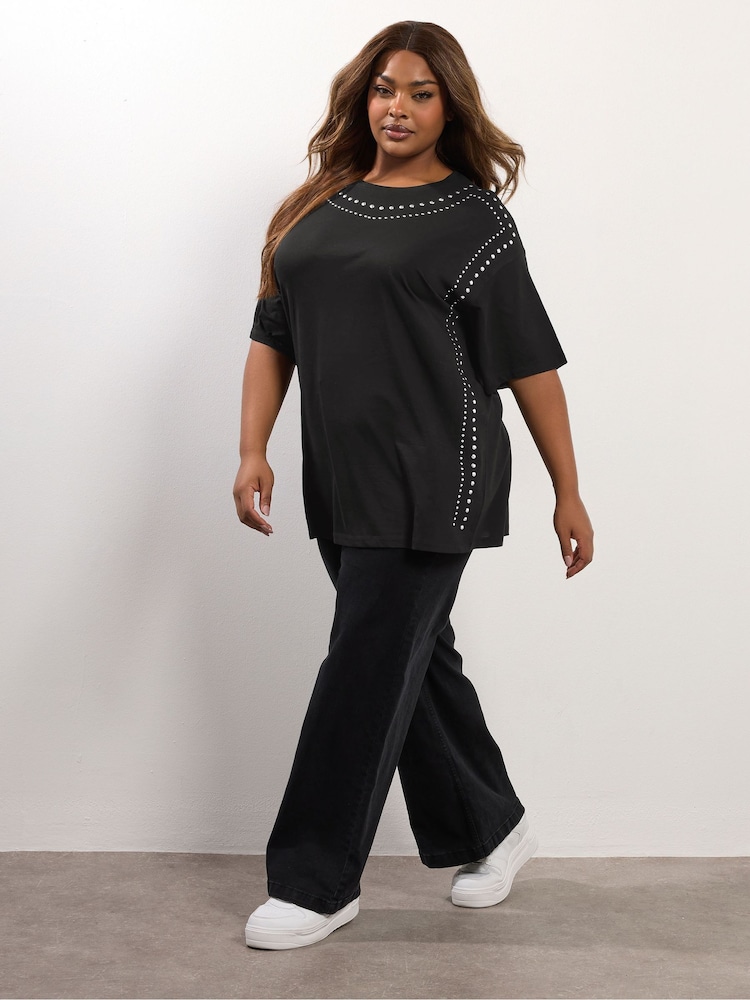Yours Curve Black Oversized Studded T-Shirt - Image 2 of 5