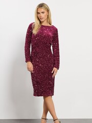 M&Co Red Petite Sequin Velvet Gathered Dress - Image 1 of 5