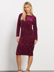 M&Co Red Petite Sequin Velvet Gathered Dress - Image 2 of 5