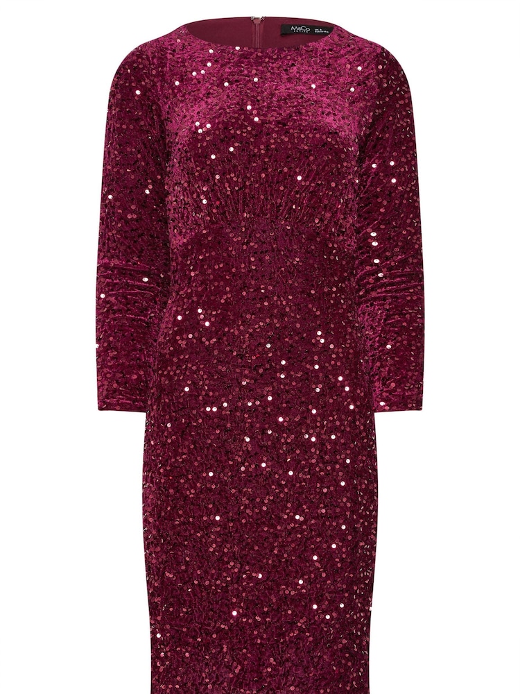 M&Co Red Petite Sequin Velvet Gathered Dress - Image 5 of 5