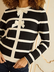 Love & Roses Black And White Striped Bow Detail Knitted Jumper - Image 2 of 4