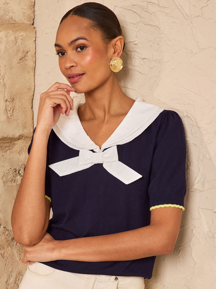 Love & Roses Navy Sailor Bow Knitted Top - Image 1 of 4 Love & Roses Navy Sailor Bow Knitted Top - Image 1 of 4