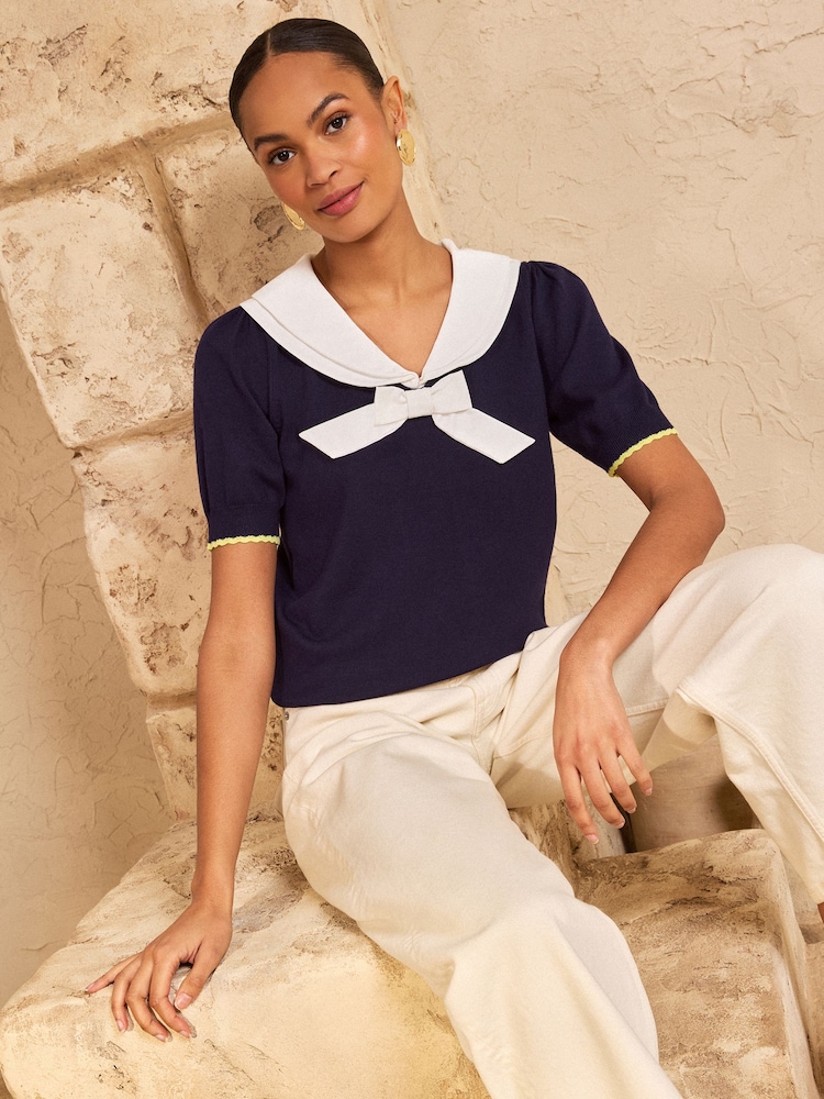 Love & Roses Navy Sailor Bow Knitted Top - Image 2 of 4 Love & Roses Navy Sailor Bow Knitted Top - Image 2 of 4