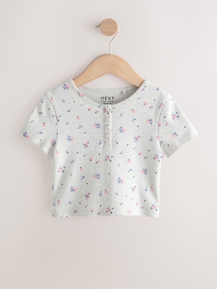 Grey Ditsy Floral Pointelle Button Front Top (3-16yrs) - Image 1 of 4
