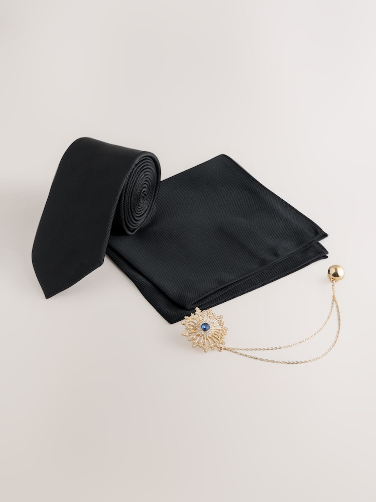 שחור - Tie Pocket Square and Brooch Set - תמונה 1 מתוך 2 שחור - Tie Pocket Square and Brooch Set - תמונה 1 מתוך 2
