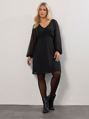 Yours Curve Black Short Mesh Balloon Sleeve Dress - Image 1 of 5