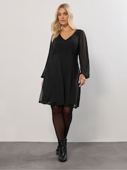 Yours Curve Black Short Mesh Balloon Sleeve Dress - Image 2 of 5