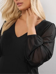 Yours Curve Black Short Mesh Balloon Sleeve Dress - Image 4 of 5
