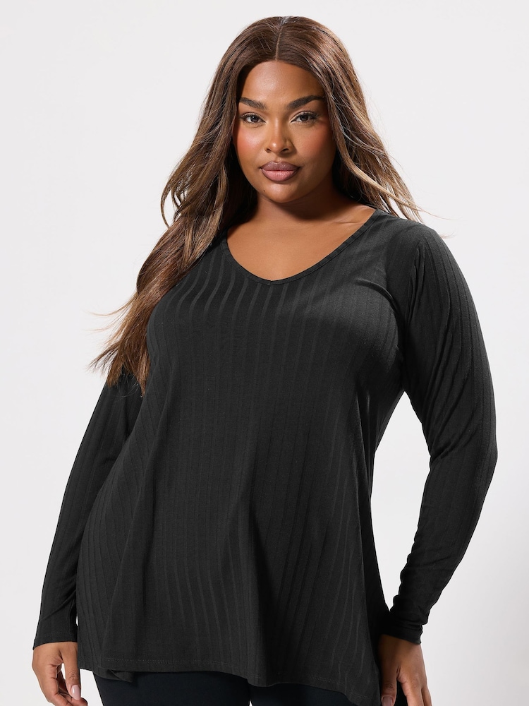 Yours Curve Black Plunge Neck Ribbed Swing T-Shirt - Image 1 of 5