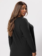 Yours Curve Black Plunge Neck Ribbed Swing T-Shirt - Image 3 of 5