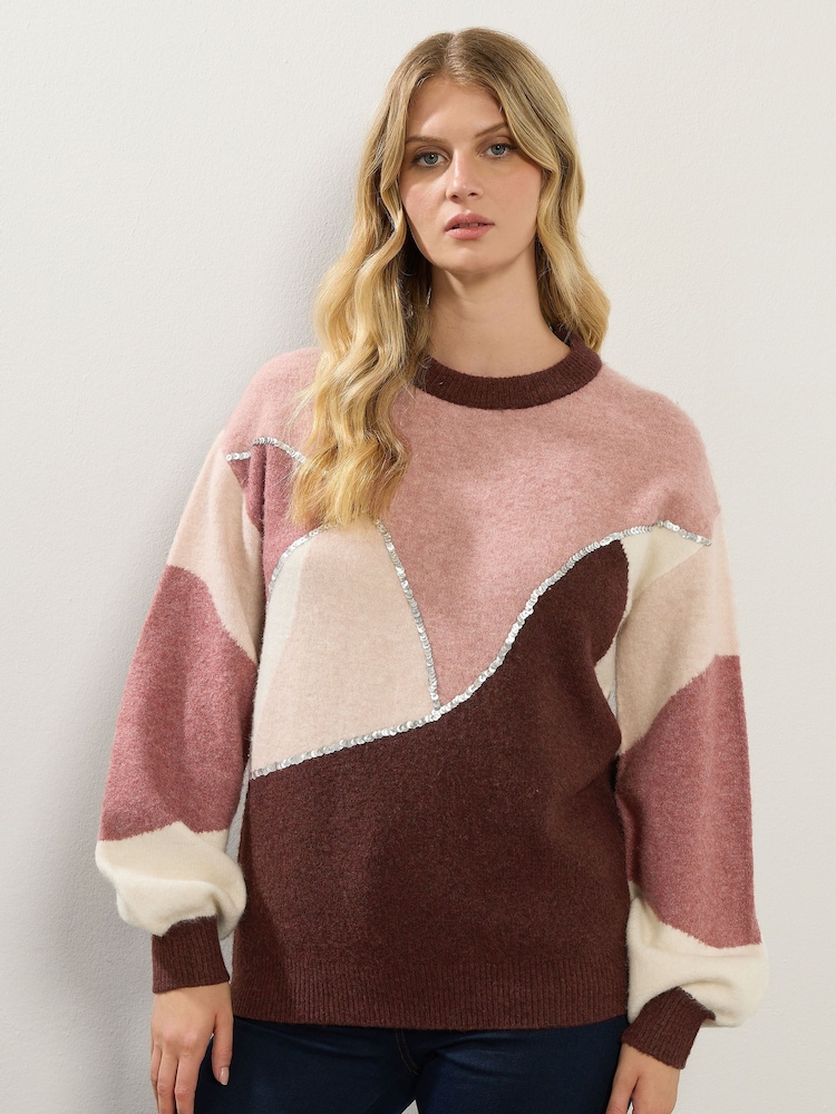 Long Tall Sally Pink Sequin Colourblock Jumper - Image 1 of 5