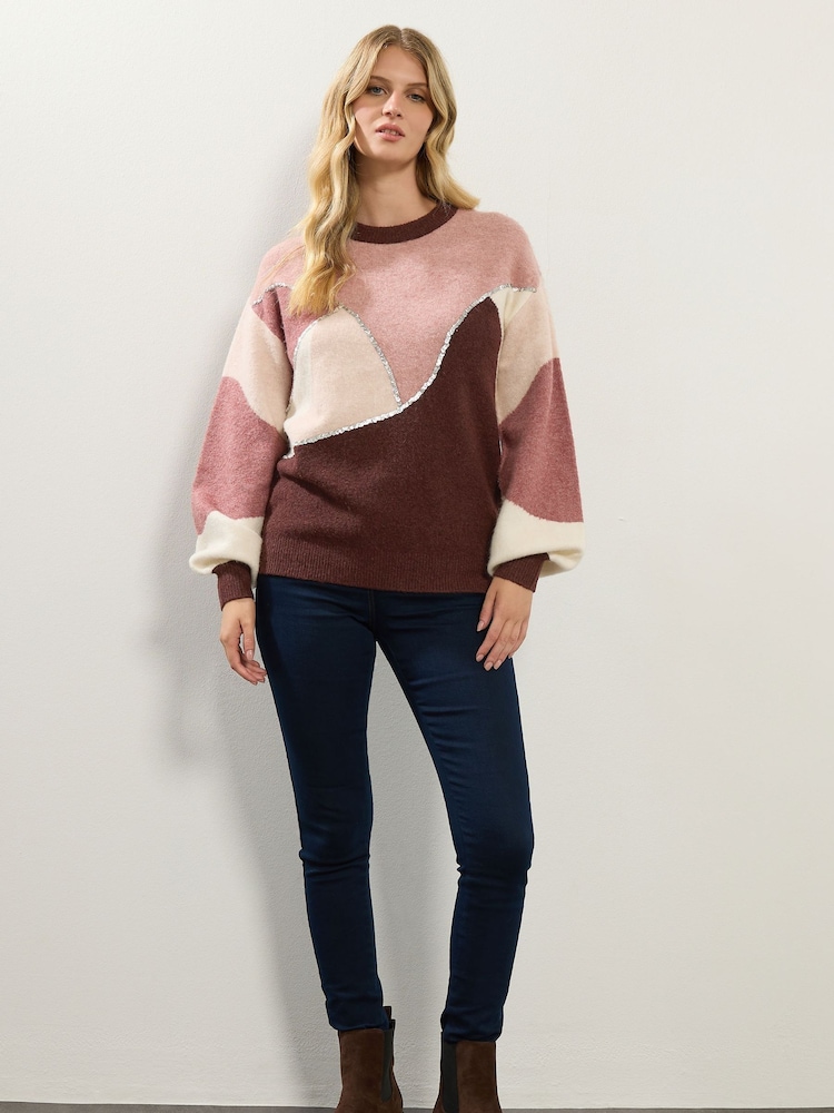 Long Tall Sally Pink Sequin Colourblock Jumper - Image 2 of 5
