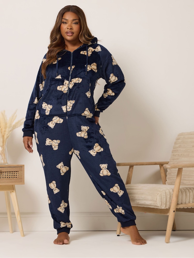 Yours Curve Blue Teddy Bear Onesie - Image 1 of 5 Yours Curve Blue Teddy Bear Onesie - Image 1 of 5