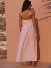 وردي مقلم - فستان متوسط الطول مطرّز طيور استوائية - Image 3 of 8