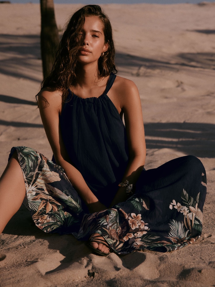 black tropical maxi dress Midnight Muse Tropical Printed Maxi Dress