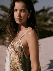 Ecru / Brown Palm Print Strappy Wide Leg Jumpsuit - Image 5 of 9