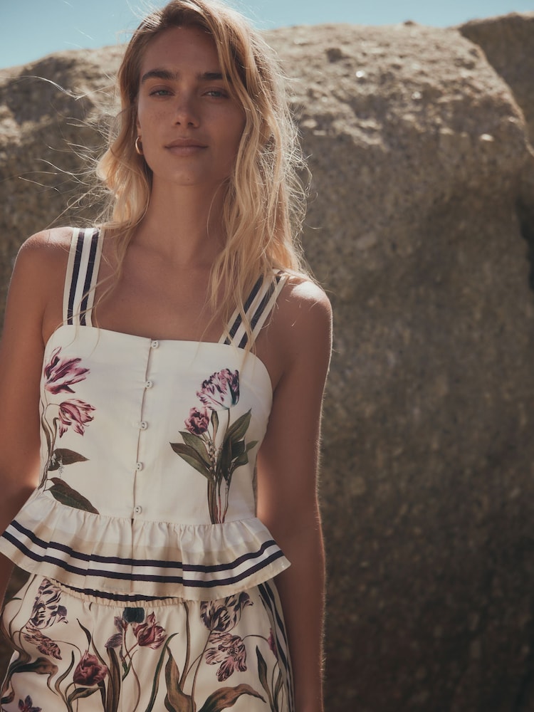 White/Green Tulip Print Wide Strap Peplum Top - Image 1 of 5