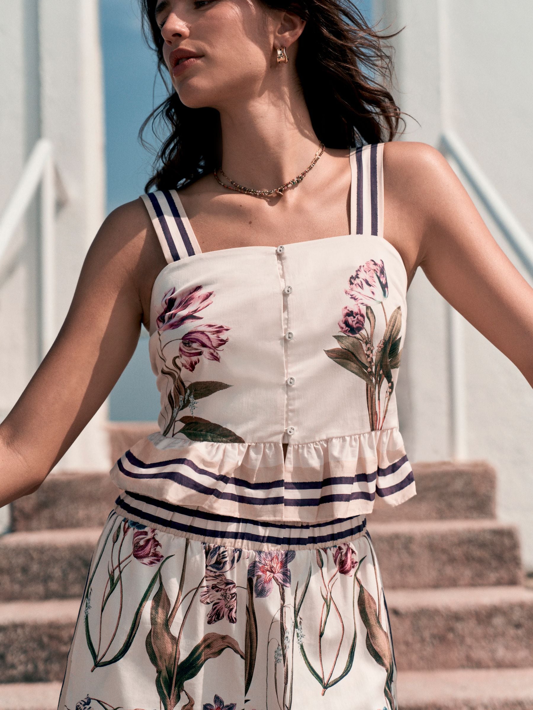 Buy White/Green Tulip Print Wide Strap Peplum Top from the Next UK