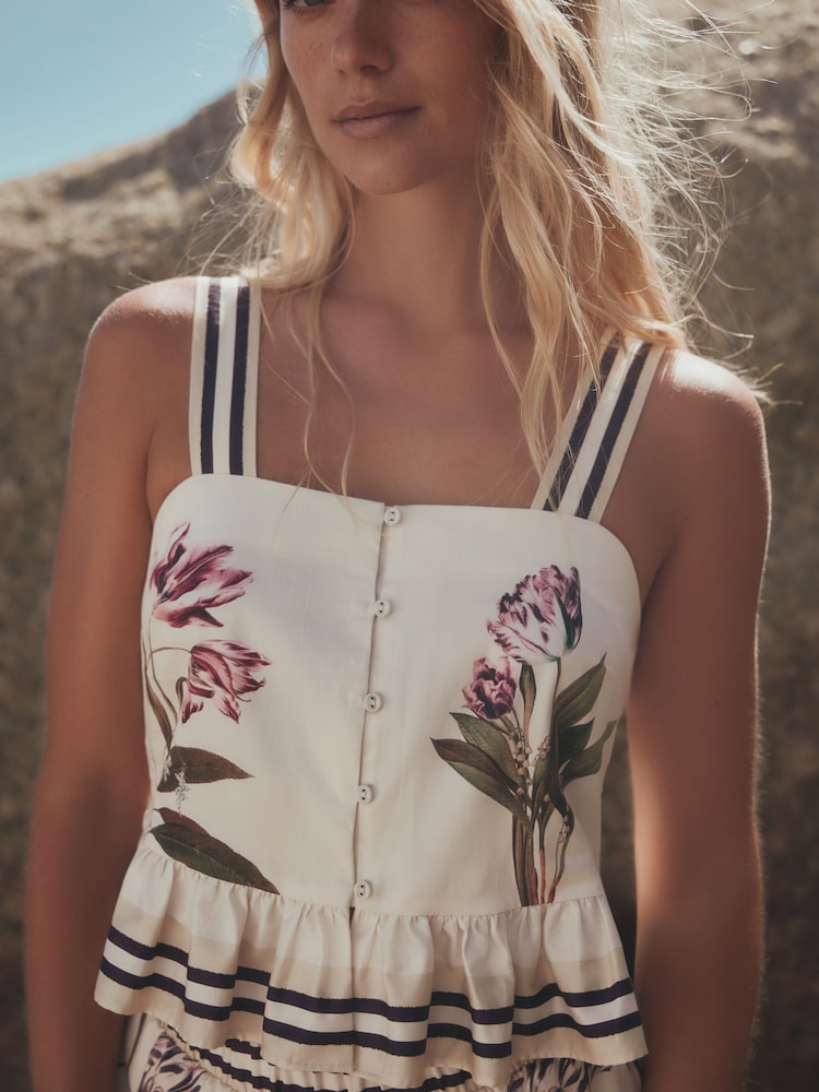 White/Green Tulip Print Wide Strap Peplum Top - Image 2 of 5