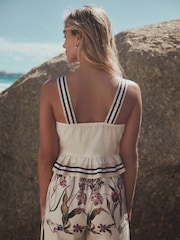 White/Green Tulip Print Wide Strap Peplum Top - Image 3 of 5