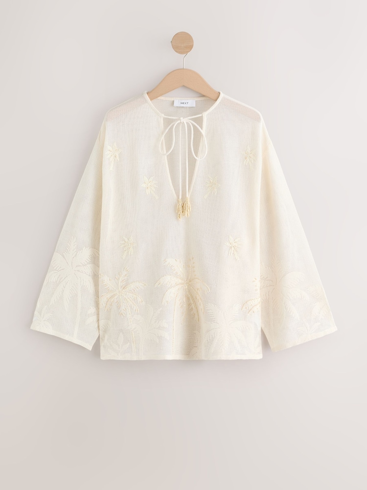 Cream - Oberteil mit gehäkeltem Palmendetail und weiten Ärmeln - Bild 1 von 4