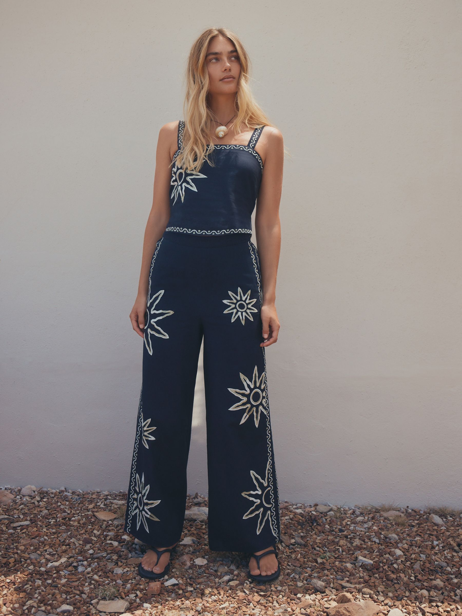 Buy Navy Blue/White Embroidered Sun Linen Blend Wide Strap Top