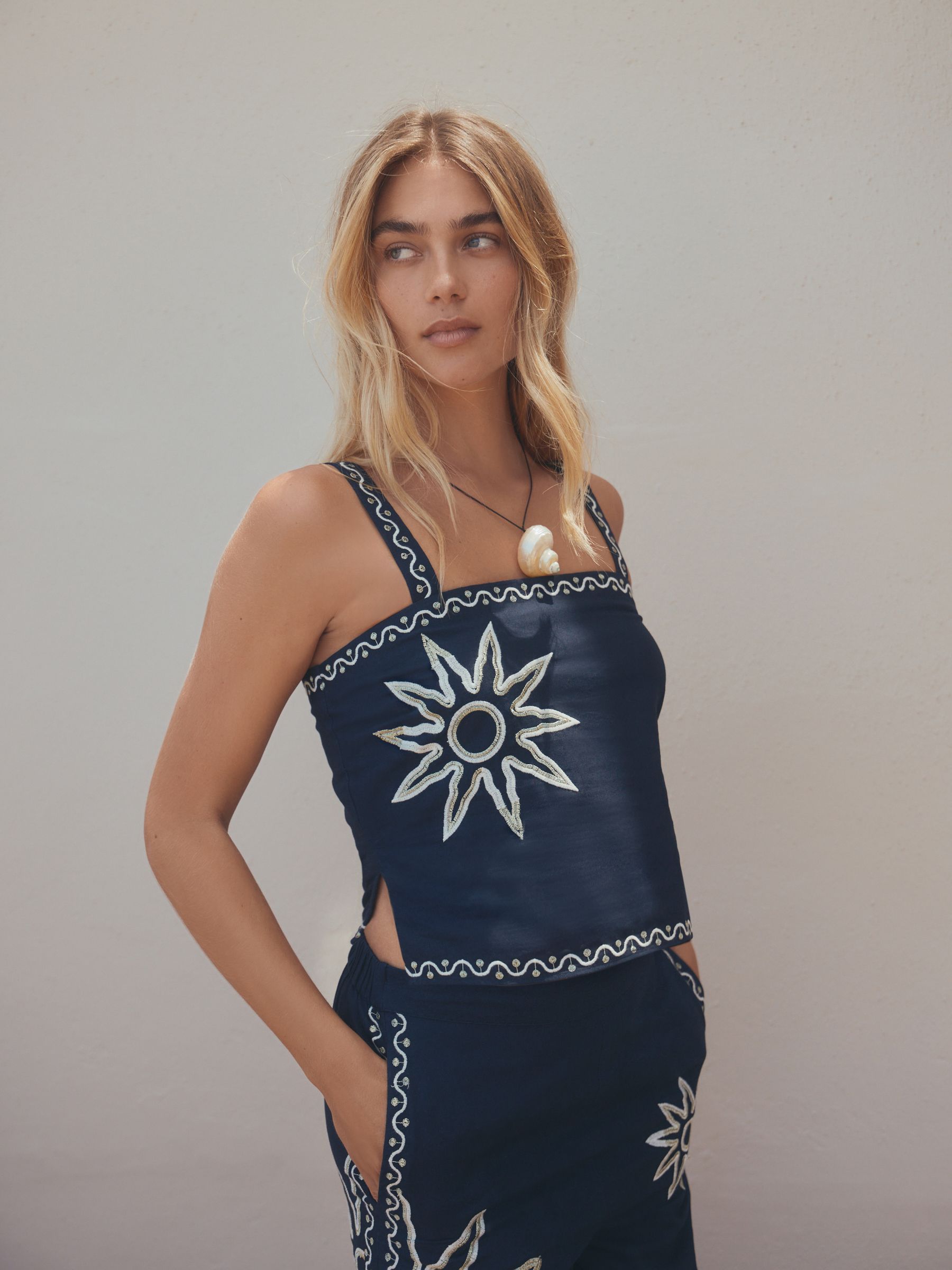Buy Navy Blue/White Embroidered Sun Linen Blend Wide Strap Top