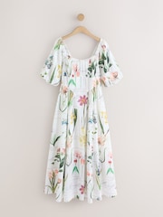 White Floral Puff Sleeve Midi Dress - Image 1 of 5