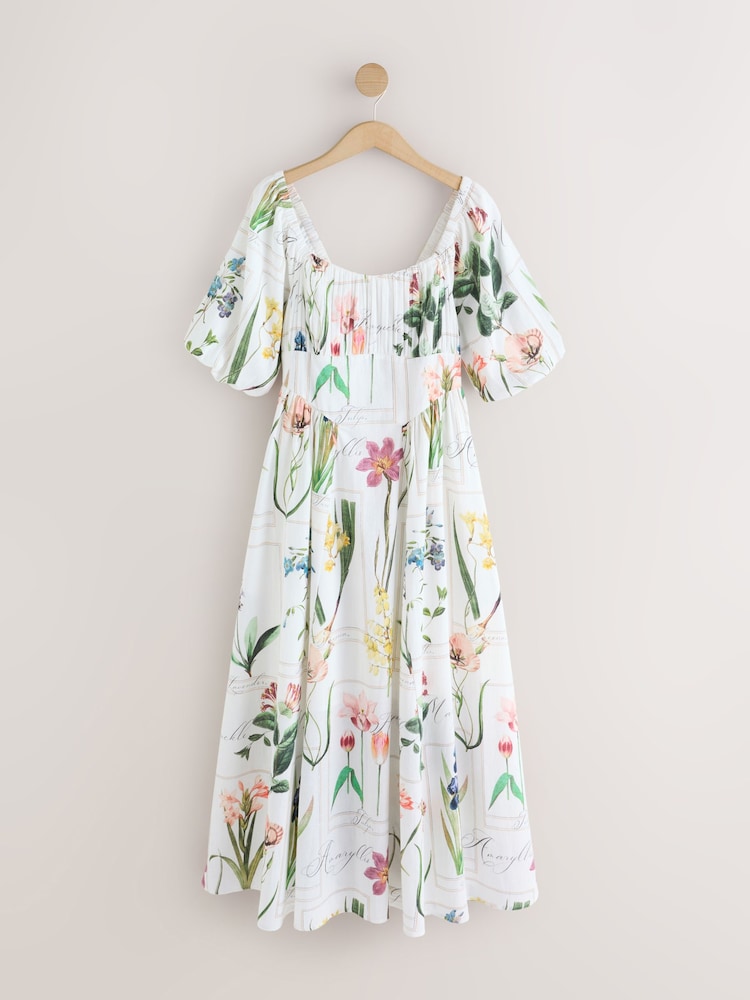 knee length dresses for ladies Square Neckline Puff Sleeve Cotton Floral Midi Dress