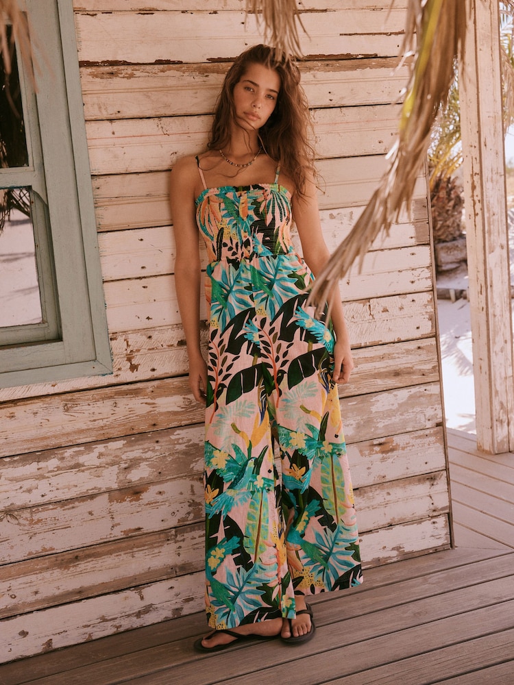 Coral Palm Print Linen Blend Bandeau Jumpsuit With Detachable Straps - Image 1 of 5