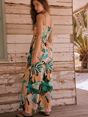 Coral Palm Print Linen Blend Bandeau Jumpsuit With Detachable Straps - Image 2 of 5