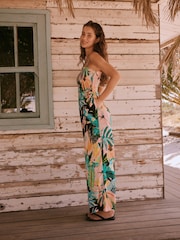 Coral Palm Print Linen Blend Bandeau Jumpsuit With Detachable Straps - Image 3 of 5