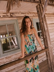 Coral Palm Print Linen Blend Bandeau Jumpsuit With Detachable Straps - Image 5 of 5