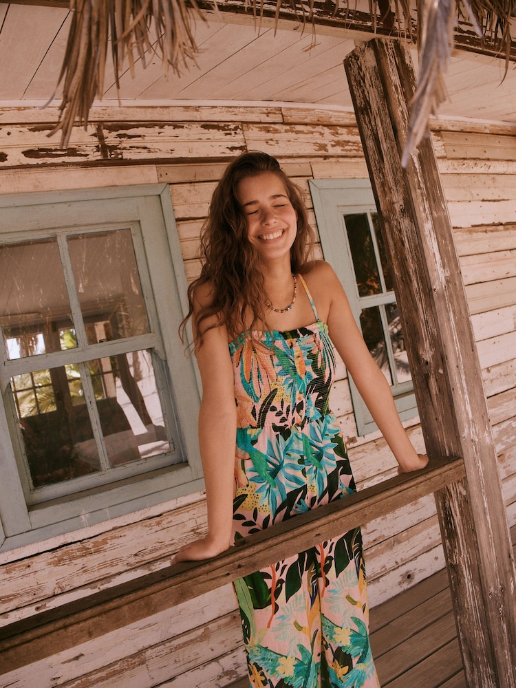 Coral Palm Print Linen Blend Bandeau Jumpsuit With Detachable Straps - Image 5 of 5
