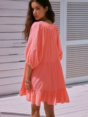 Coral Pink V-Neck Puff Sleeve Mini Dress - Image 2 of 7