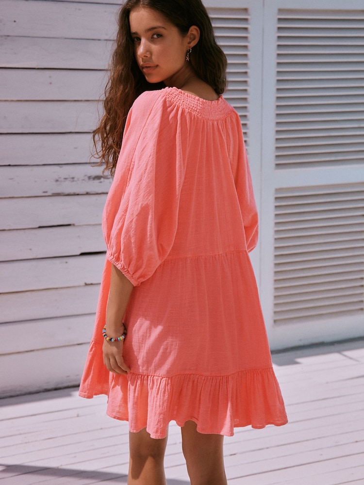 Coral Pink V-Neck Puff Sleeve Mini Dress - Image 2 of 7