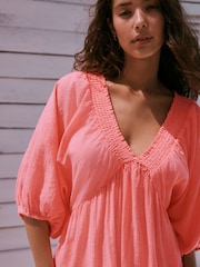 Coral Pink V-Neck Puff Sleeve Mini Dress - Image 3 of 7