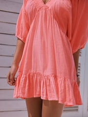 Coral Pink V-Neck Puff Sleeve Mini Dress - Image 4 of 7
