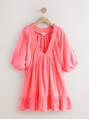 Coral Pink V-Neck Puff Sleeve Mini Dress - Image 5 of 7
