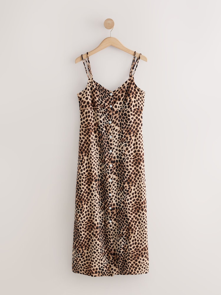 leopard stripe button front midi dress PALOMA- leopard button front spaghetti strap Midi Dress -spaghetti straps, pockets and side slits M